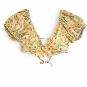 Wild Fable Daisy Floral Bikini Top Small Puff Sleeve Tie Front Cottagecore Swim